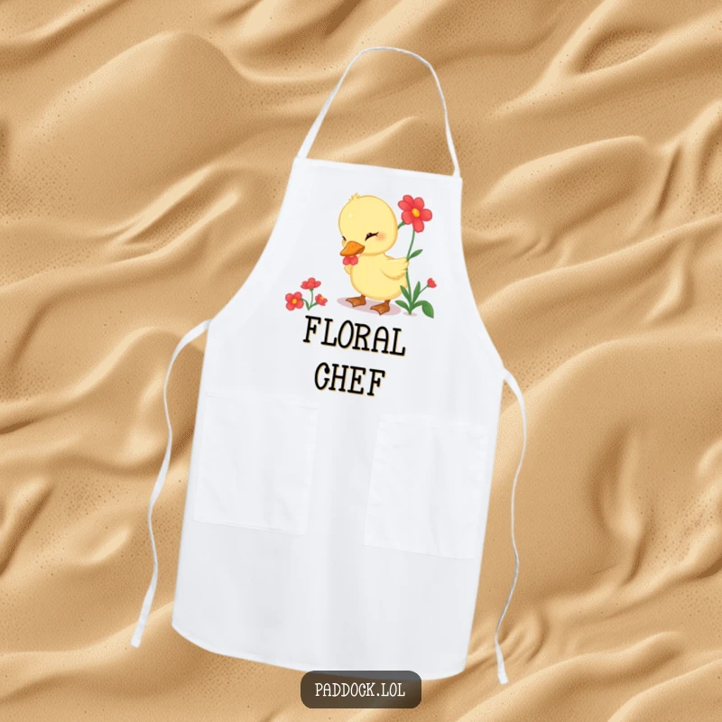 Funny Apron depicting a curious duckling pecking at a bright red flower, perfect for a humorous gardening experience.