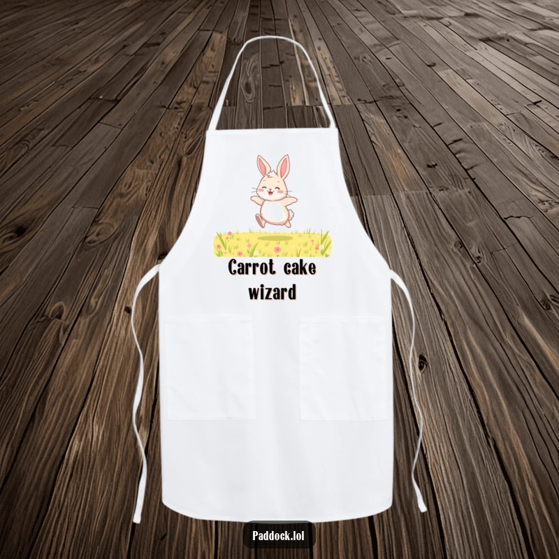 Funny cooking apron featuring a fluffy bunny hopping with joy through a field, designed for kitchen fun and protection with a cute animal theme.