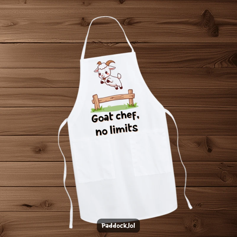 Funny cooking apron with a goat mid-jump over a fence, designed for kitchen fun and protection with a humorous animal theme.