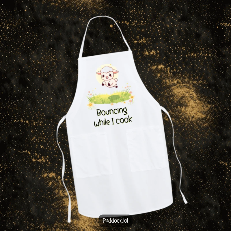 Funny Playful Lamb Apron: A humorous kitchen apron showing a lamb leaping through a sunbeam in a meadow, designed for cheerful cooking.