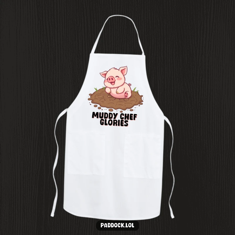 Funny Apron depicting a cheerful piglet happily rolling in a muddy patch, perfect for a humorous and messy kitchen.