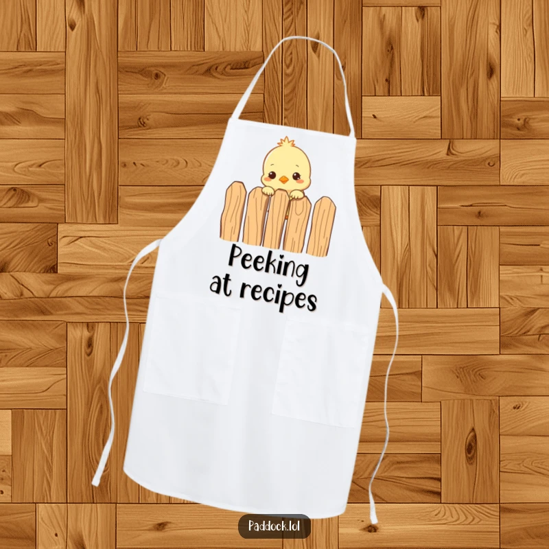 Funny Curious Chick Apron: A humorous kitchen apron showing a curious chick peeking over a fence, designed for lighthearted cooking fun.