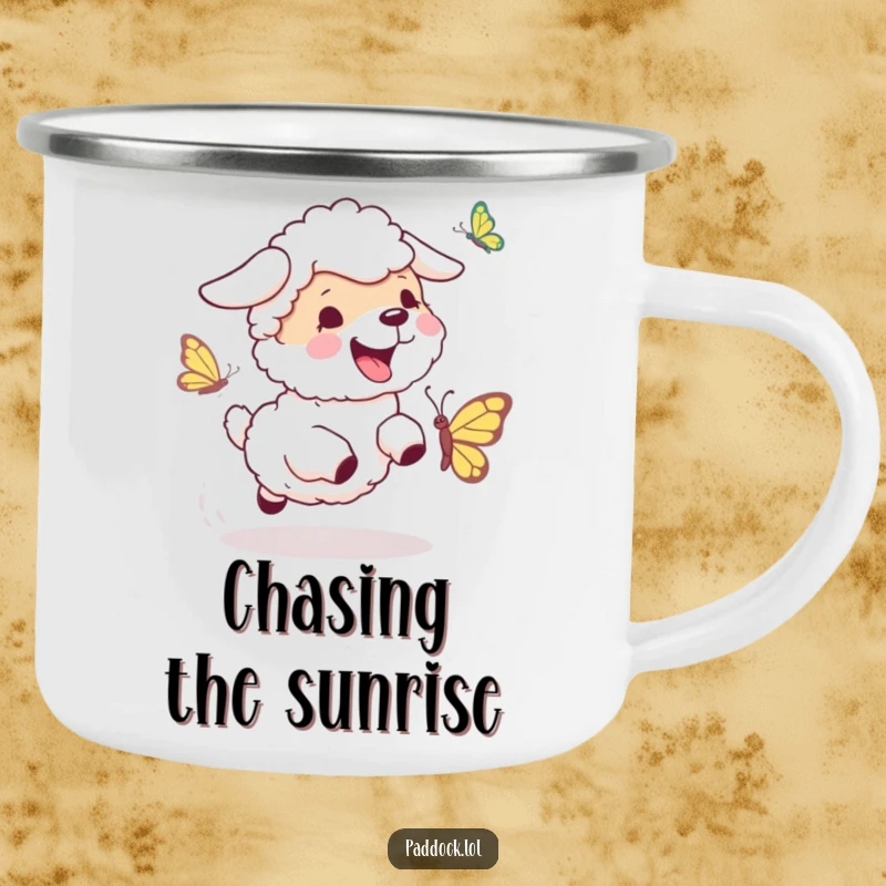 Funny Sheepdog Chase Camping Mug: A sturdy enamel mug featuring a sheepdog chasing a butterfly, perfect for outdoor humor.
