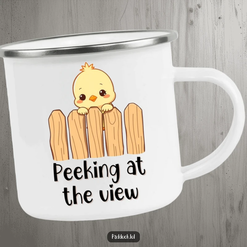 Funny Curious Chick Camping Mug: A durable enamel mug featuring a humorous chick peeking over a fence, perfect for outdoor enthusiasts.