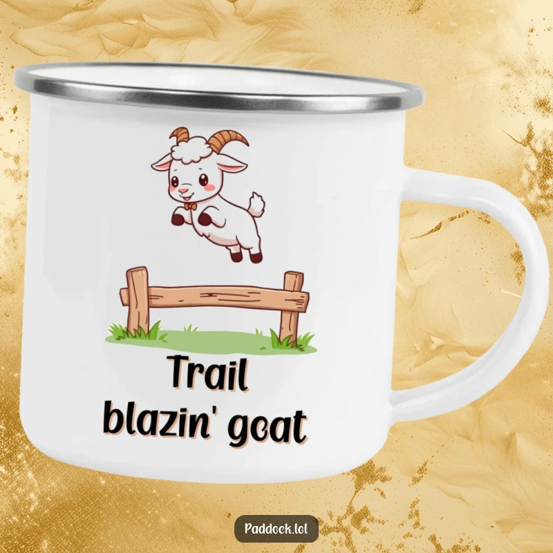 Funny enamel camping mug depicting a goat leaping over a fence, perfect for outdoor adventures and adding humor to campfire mornings.