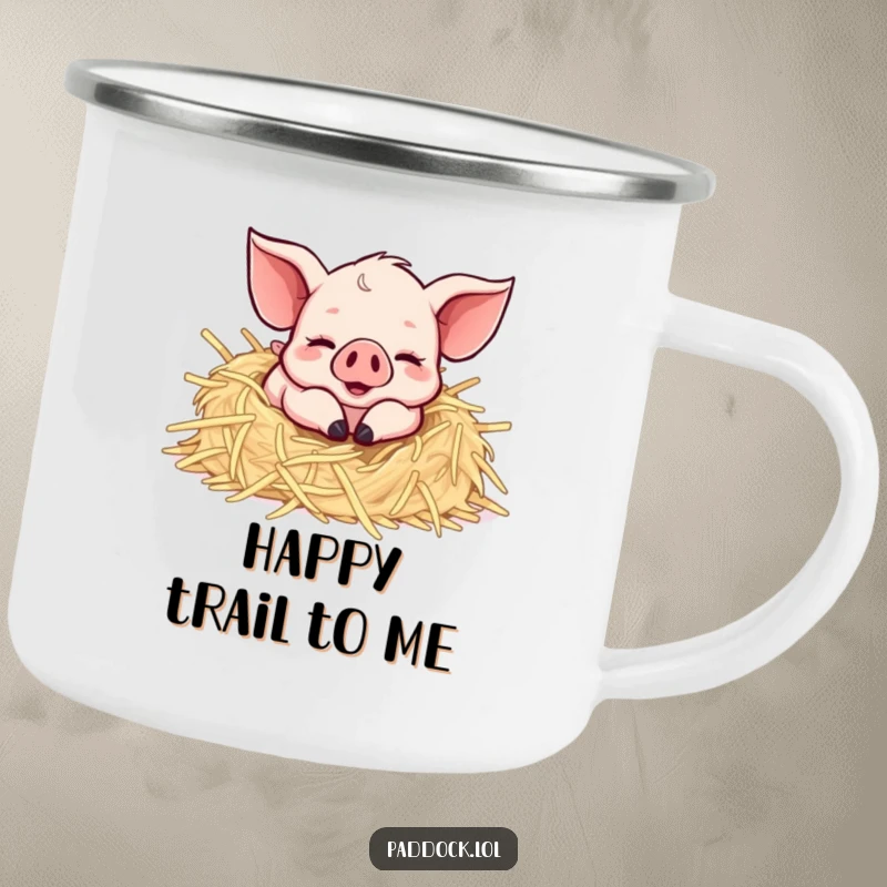 Funny Happy Piglet Camping Mug: A sturdy enamel mug featuring a piglet joyfully rolling in straw, ideal for outdoor fun and humor.