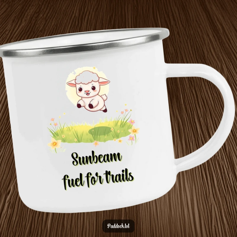 Funny Playful Lamb Camping Mug: A sturdy enamel mug featuring a lamb leaping through a sunbeam in a meadow, perfect for outdoor humor.