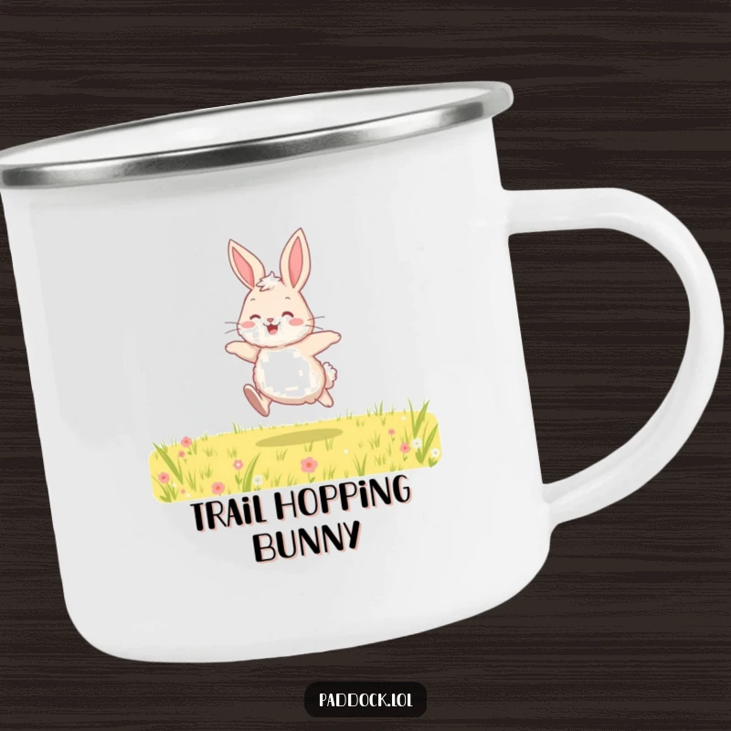 Funny enamel camping mug featuring a fluffy bunny hopping with joy across a field, perfect for outdoor enthusiasts and cheerful mornings.