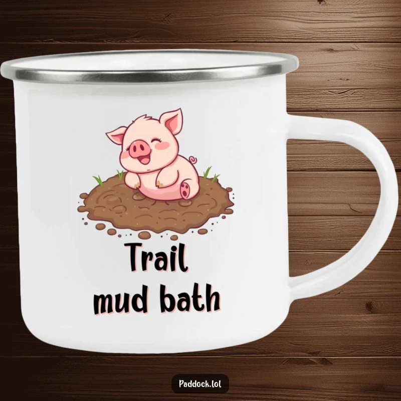 Funny Camping Mug featuring a cheerful piglet happily rolling in a muddy patch, perfect for outdoor messy fun.