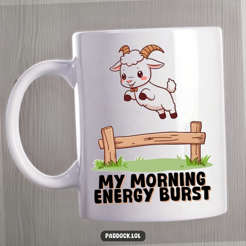 Funny mug featuring a cartoon goat gleefully jumping over a small wooden fence, showcasing playful energy and a mischievous spirit.