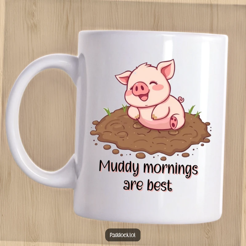 Funny Mug depicting a cheerful piglet happily rolling and playing in a glorious muddy patch with pure joy.