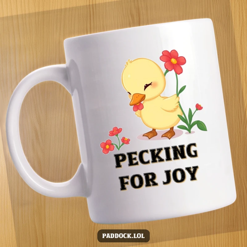 Funny Mug depicting a curious duckling gently pecking at a vibrant, bright red flower with fascination.