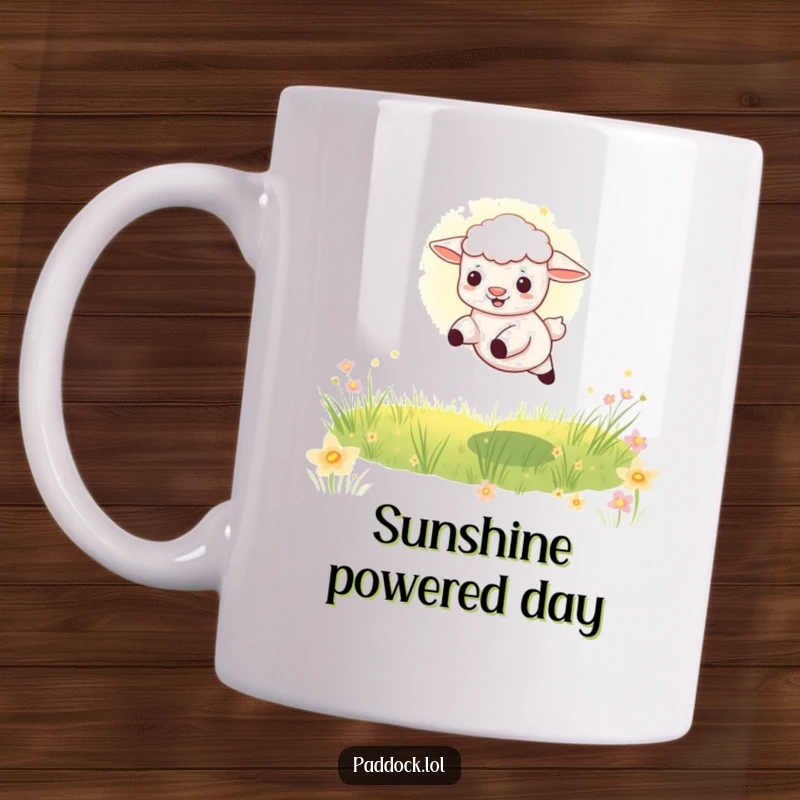 Funny Playful Lamb Leap Mug: A happy lamb energetically leaping through a bright sunbeam in a green meadow, embodying joyful freedom.