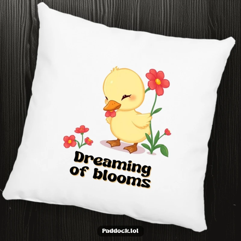 Funny Pillow featuring a curious duckling pecking at a bright red flower, a soft and humorous decor piece.