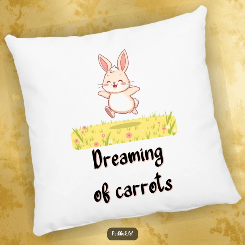 Funny decorative pillow featuring a fluffy bunny hopping with joy across a field, perfect for adding a cute and comforting element to any room.