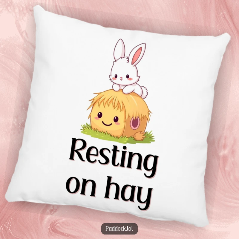 Funny bunny pillow showing a fluffy bunny hopping over a tiny, smiling hay bale, adding a charming and humorous touch to any living space.