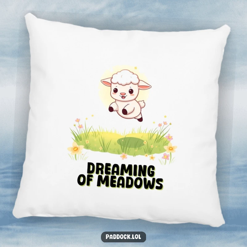 Funny Playful Lamb Pillow: A plush decorative pillow featuring a lamb leaping through a sunbeam in a meadow, offering comfort and pastoral humor.