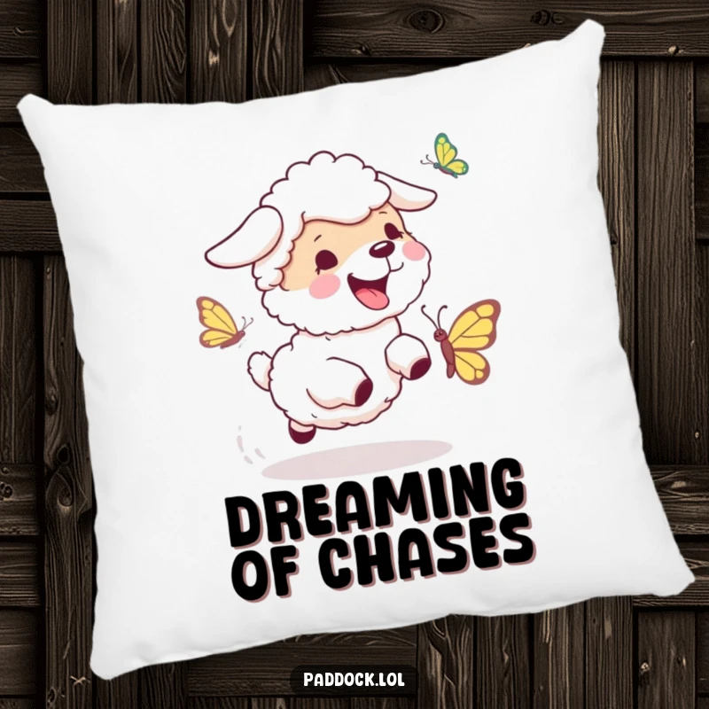Funny Sheepdog Chase Pillow: A plush decorative pillow featuring a sheepdog chasing a butterfly, offering comfort and dog-themed humor.