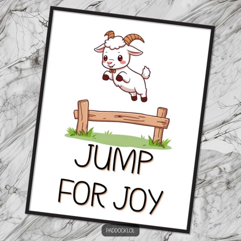 Funny digital art print of a goat playfully leaping over a small wooden fence, ideal for printable wall decor and humorous art collections.