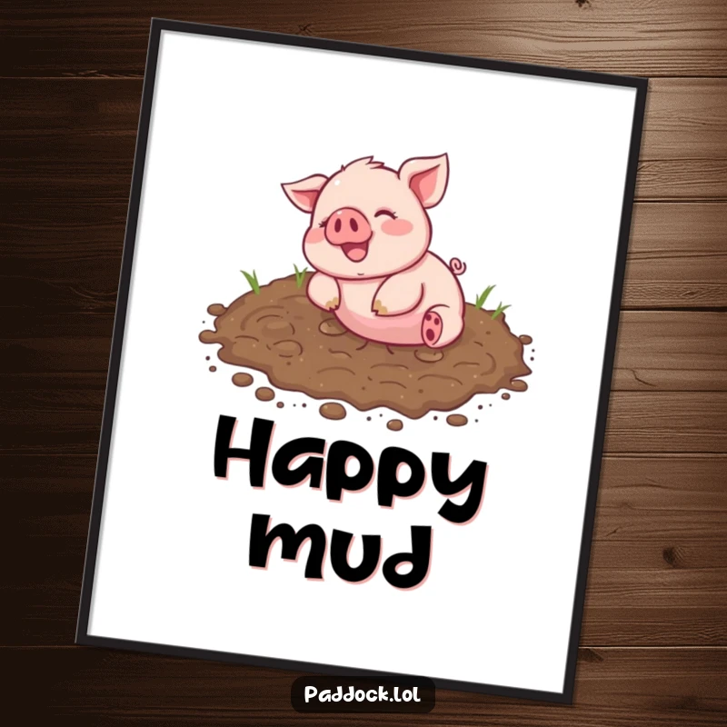 Funny Digital Art Print of a cheerful piglet happily rolling in a muddy patch, perfect for humorous and joyful decor.