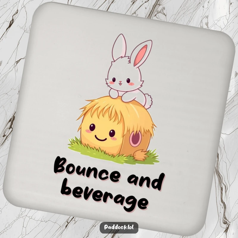 Funny bunny coaster featuring a fluffy bunny hopping over a tiny, smiling hay bale, adding a touch of charm and humor to any table.