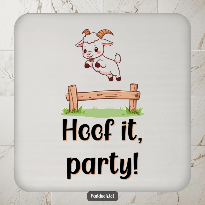 Funny drink coaster featuring a goat mid-jump over a fence, designed to protect surfaces with a humorous and eye-catching animal illustration.