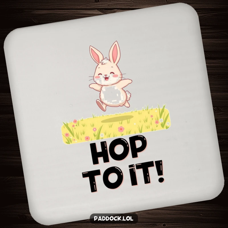 Funny drink coaster featuring a fluffy bunny hopping with joy, designed to protect surfaces with a cute and cheerful animal illustration.
