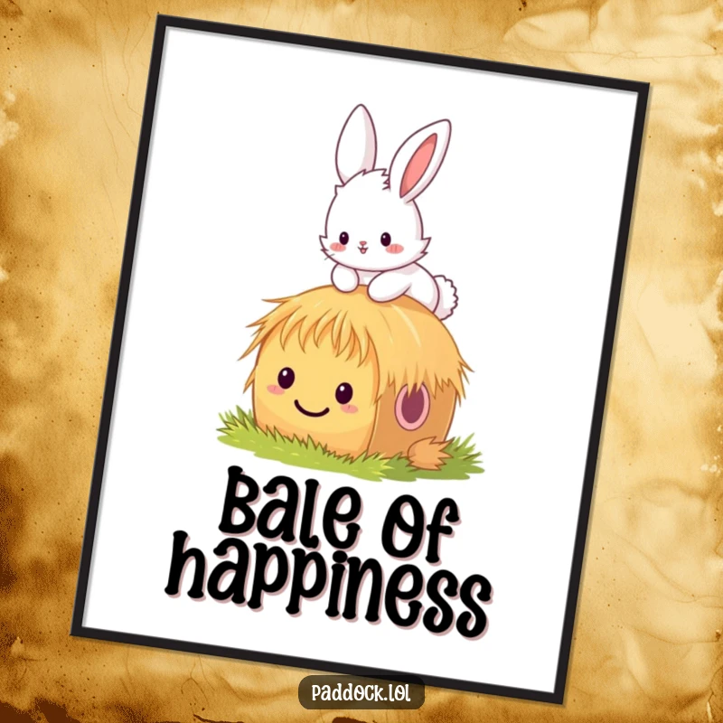 Funny bunny poster featuring a fluffy bunny joyfully hopping over a tiny, smiling hay bale, capturing a moment of pure happiness and whimsical delight.