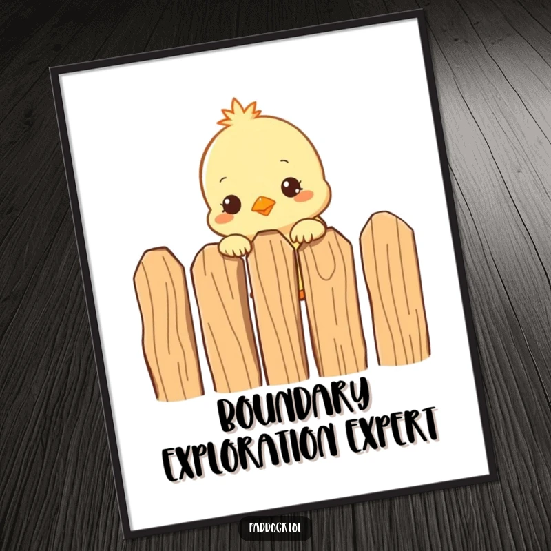 Funny Curious Chick Poster: A humorous wall art print of a small chick peeking over a wooden fence, adding quirky charm to any space.