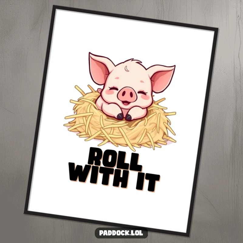 Funny Happy Piglet Poster: A vibrant wall art print of a piglet joyfully rolling in straw, radiating happiness and humor.