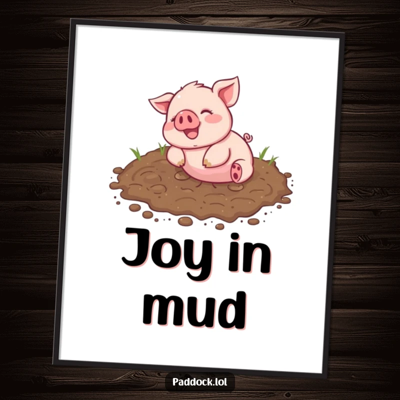 Funny Poster illustrating a cheerful piglet gleefully rolling in a muddy patch, perfect for humorous and joyful wall decor.