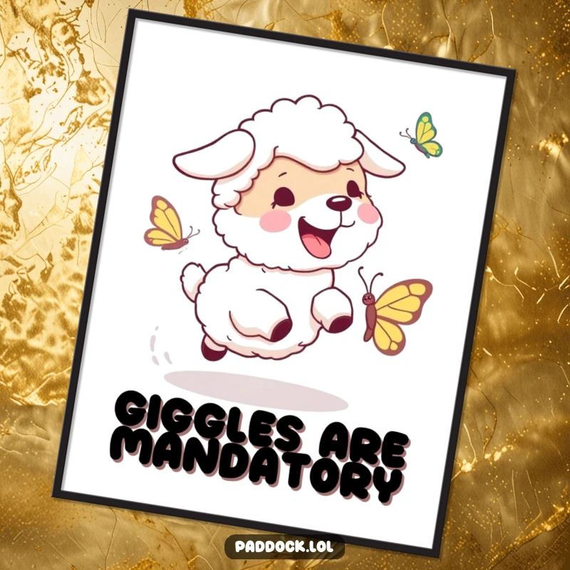 Funny Sheepdog Chase Poster: A dynamic wall art print of a sheepdog joyfully bouncing after a butterfly, conveying lively humor.