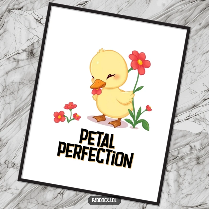 Funny Poster illustrating a curious duckling gently pecking at a bright red flower, perfect for charming and humorous decor.