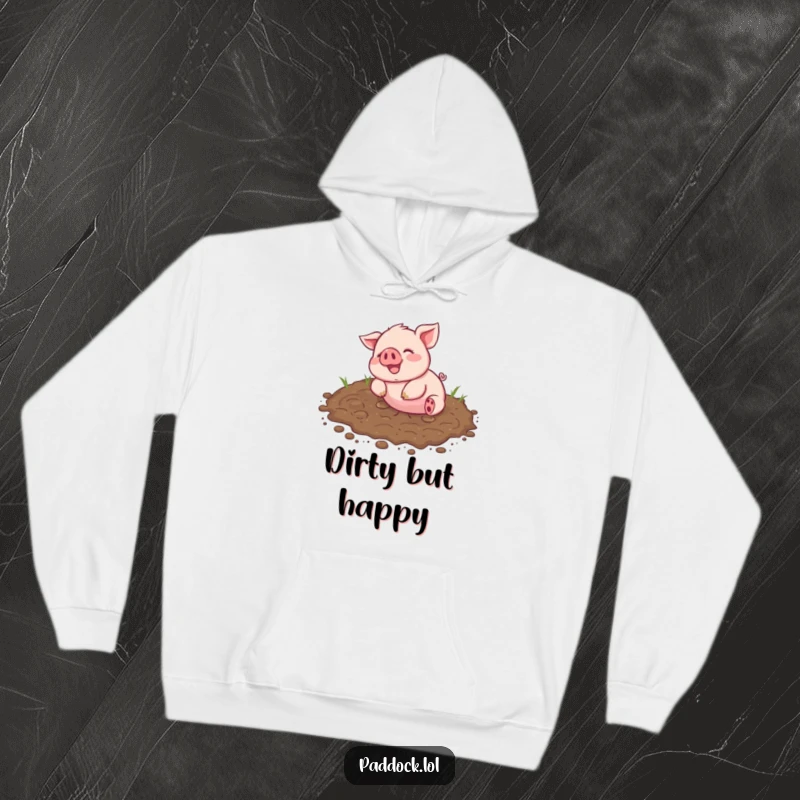 Funny Hoodie of a cheerful piglet happily rolling and playing in a muddy patch, ideal for cozy messy fun.