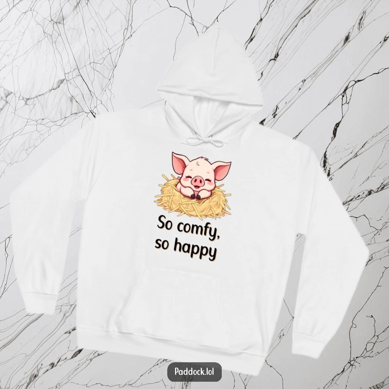 Funny Happy Piglet Hoodie: A warm and cozy sweatshirt featuring a joyful piglet rolling in straw, offering comfort and humor.