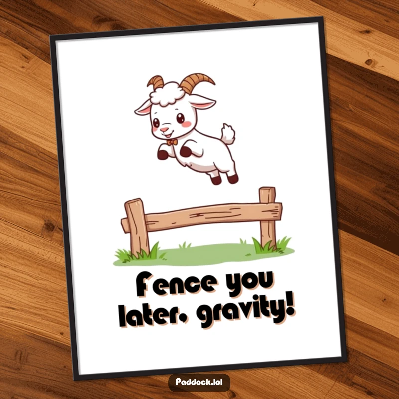 Funny Free Printable Wall Art depicting a goat energetically leaping over a small wooden fence.