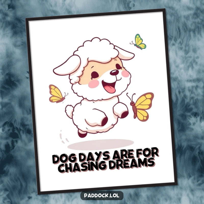 Funny Free Printable Wall Art shows a happy, bouncing sheepdog chasing after a giggling butterfly in a whimsical, energetic scene.