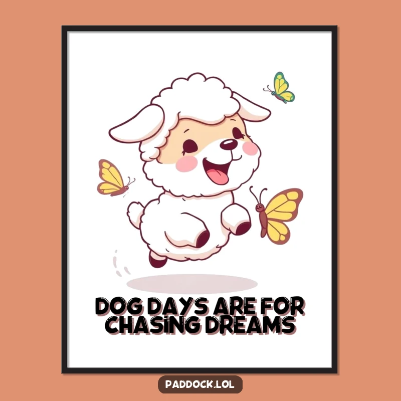 Funny Free Printable Wall Art: Bouncing Sheepdog & Butterfly, Quirky Downloadable Decor for Humor Lovers