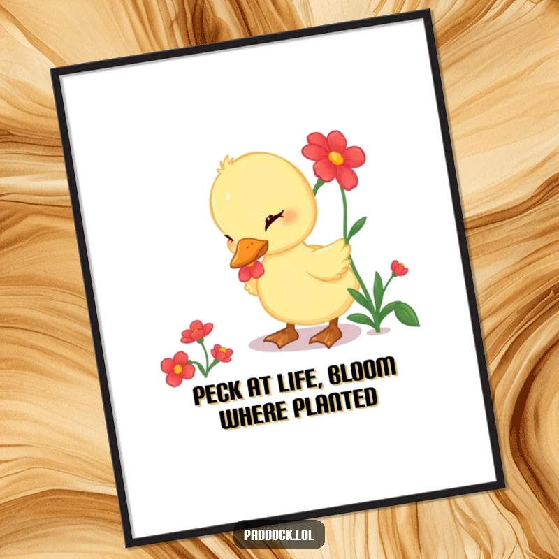 Funny free printable wall art of a curious duckling gently pecking at a large, bright red flower in full bloom.