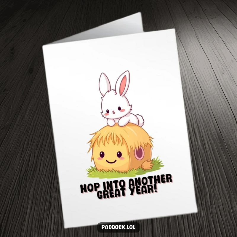 Funny free printable birthday card featuring a fluffy bunny joyfully hopping over a tiny, smiling hay bale.