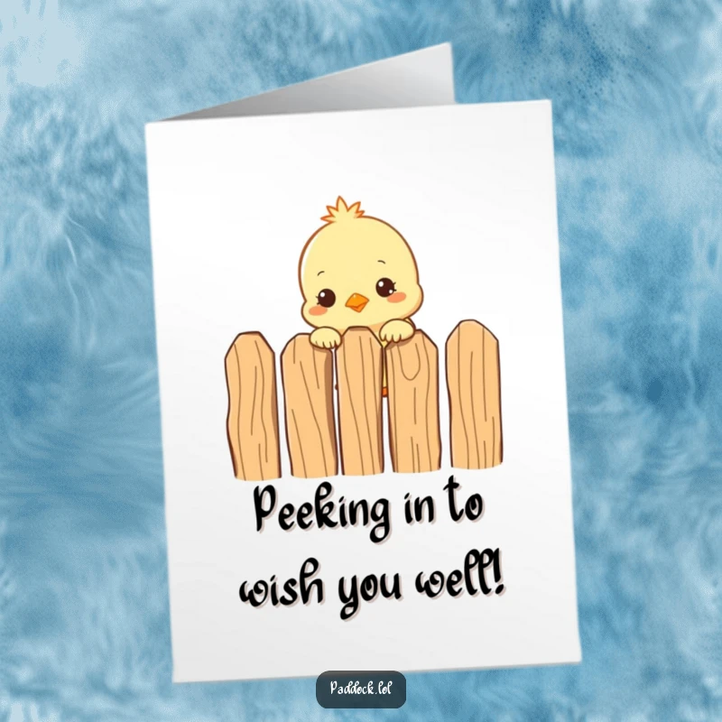 Funny Free Printable Birthday Card featuring a curious chick with big eyes peeking over a wooden fence, ready to deliver birthday wishes.
