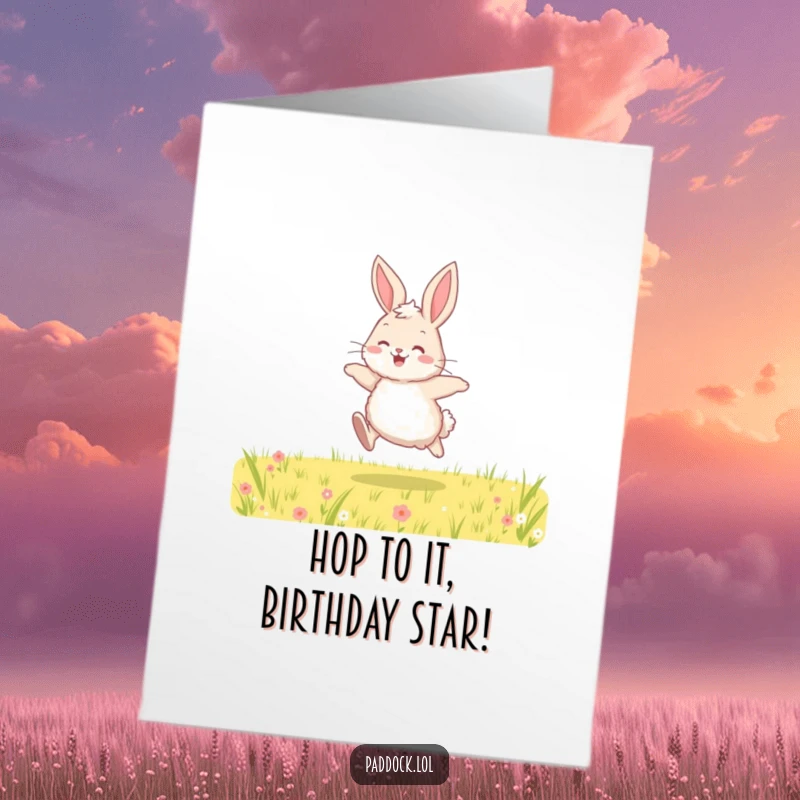 Funny Free Printable Birthday Card featuring a fluffy bunny leaping joyfully through a green field.