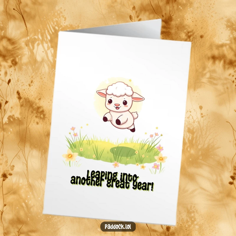 Funny Free Printable Birthday Card capturing a joyful lamb mid-leap through a bright sunbeam in a lush meadow, wishing a happy birthday.