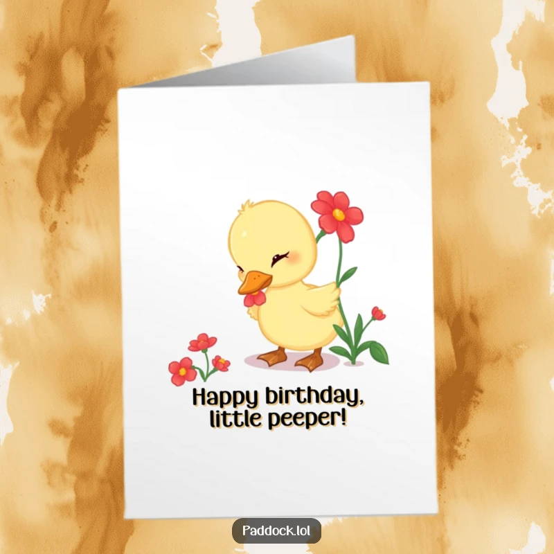 Funny free printable birthday card showing a curious duckling gently pecking at a vibrant, bright red flower.