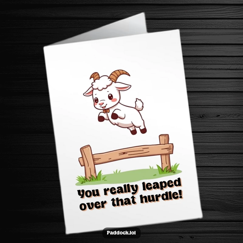 Funny Free Printable Congratulations Card showing a happy goat making an impressive leap over a fence.