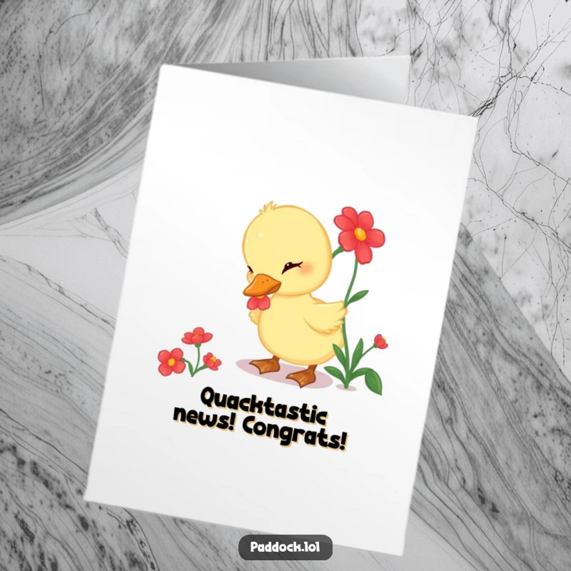 Funny free printable congratulations card featuring a curious duckling investigating a bright red flower, symbolizing growth.