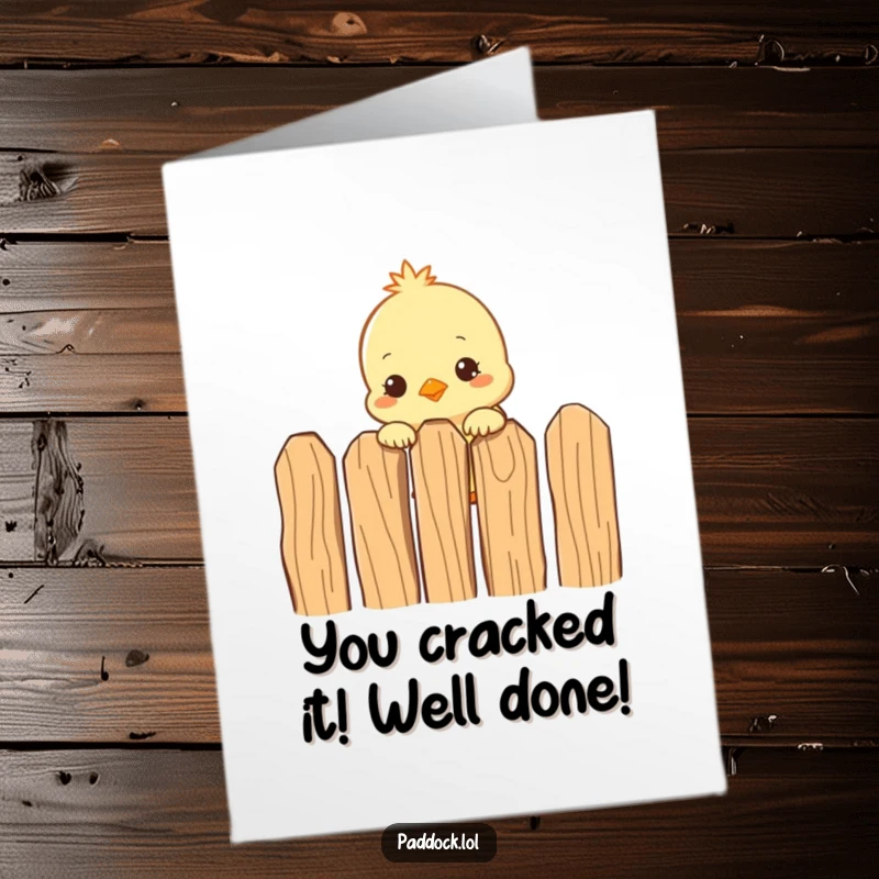 Funny Free Printable Congratulations Card showcasing a curious chick with its head popped over a rustic wooden fence, celebrating success.