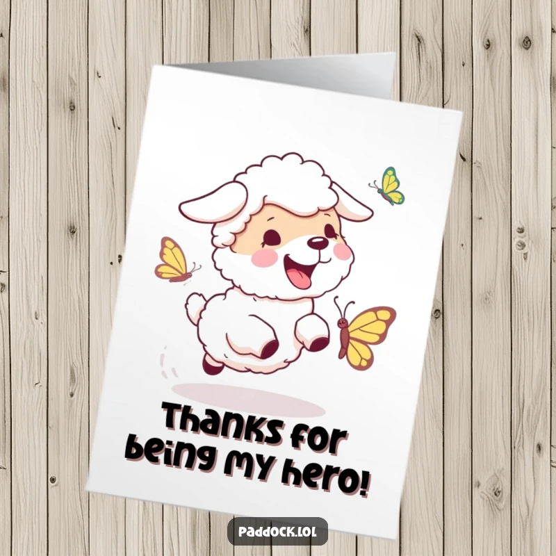 Funny Free Printable Thank You Card with an energetic sheepdog chasing a giggling butterfly, sending a cheerful note of thanks.