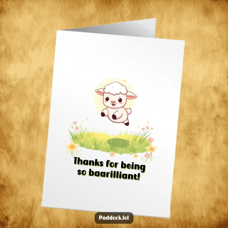 Funny Free Printable Thank You Card featuring a playful lamb jumping through a sunbeam in a meadow, offering a bright thank you note.