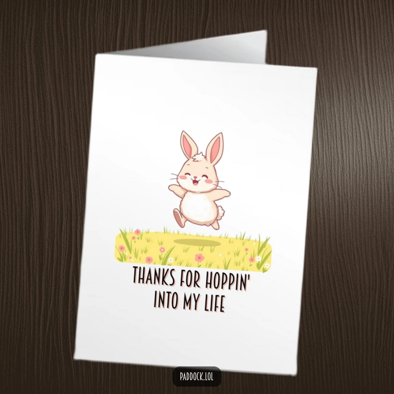 Funny Free Printable Thank You Card showing a cheerful bunny hopping in a field as a thank you.